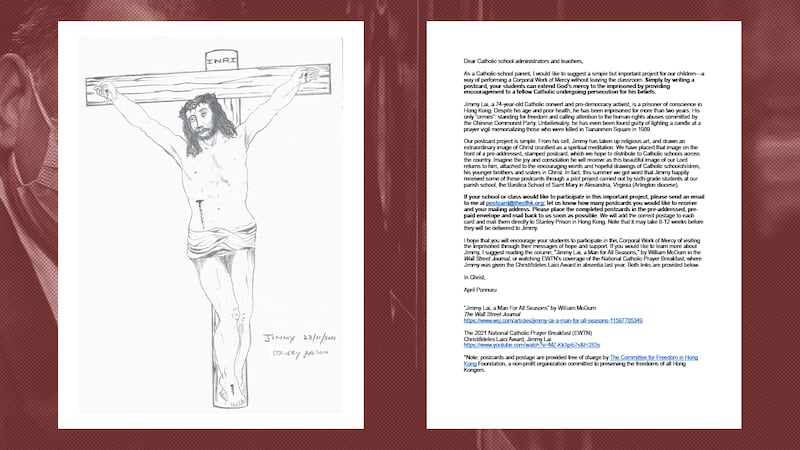 April會先向老師發信,講解行動的緣由,並介紹黎智英的「罪行」。而該明信片上印有黎智英繪畫的耶穌被釘十字架畫作,以及其囚犯編號。(April Ponnuru提供)