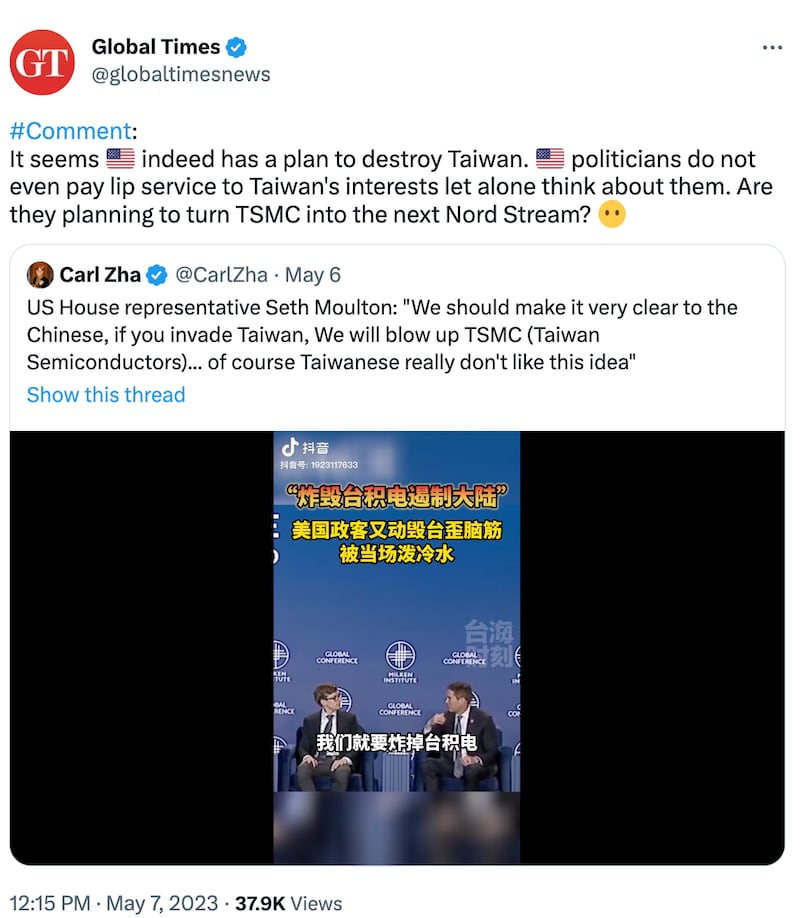 《环球时报》英文版推特帐号5月7日转发抖音短视频，标题写着“美国政客又动毁台歪脑筋，被当场泼冷水”。