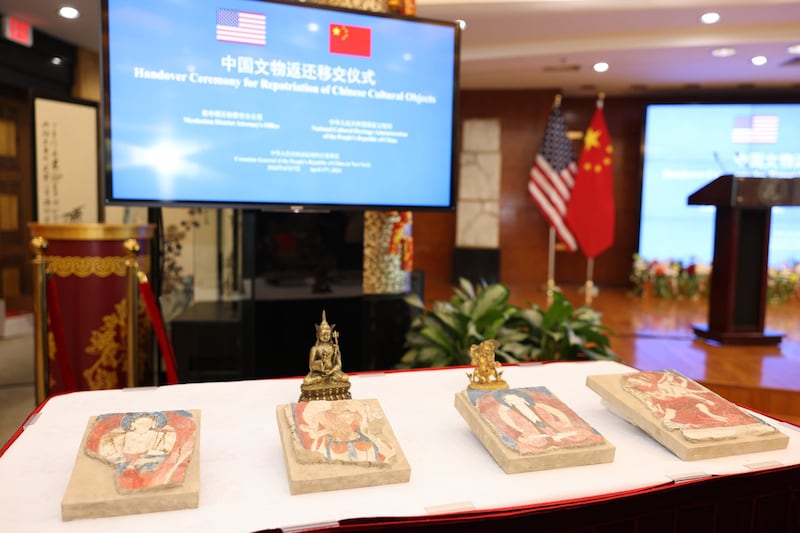 The U.S. handed over 38 artifacts to China, including Tibetan Buddhist mural fragments seen here, in New York in April 2024.