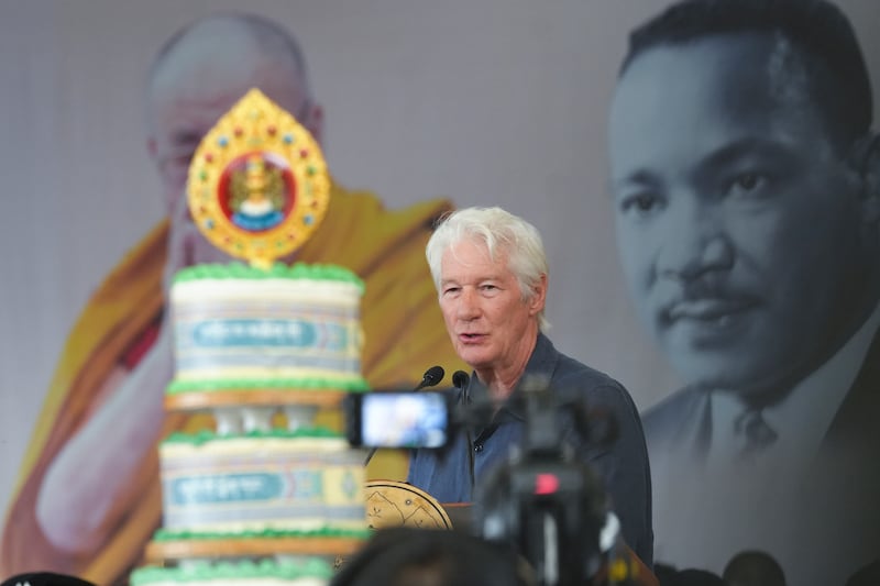 Actor and Tibetan rights supporter Richard Gere speaks during celebrations on the 90th birthday of the Dalai Lama at the Main Temple in Dharamsala, India, July 6, 2025.