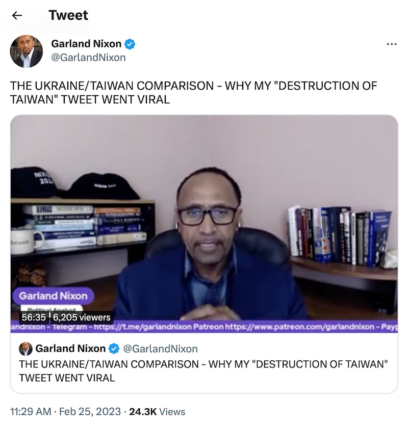 嘉兰尼克森2月25日在推特发布影片,谈论引起疯传的"毁灭台湾计划"”推文(尼克森推特页面截图)