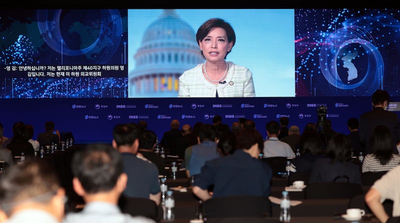 영 김 미국 하원의원이 26일 서울 중구 신라호텔 다이너스티홀에서 열린 2025 한반도 심포지엄에서 영상메시지를 하고 있다. 2025.6.26