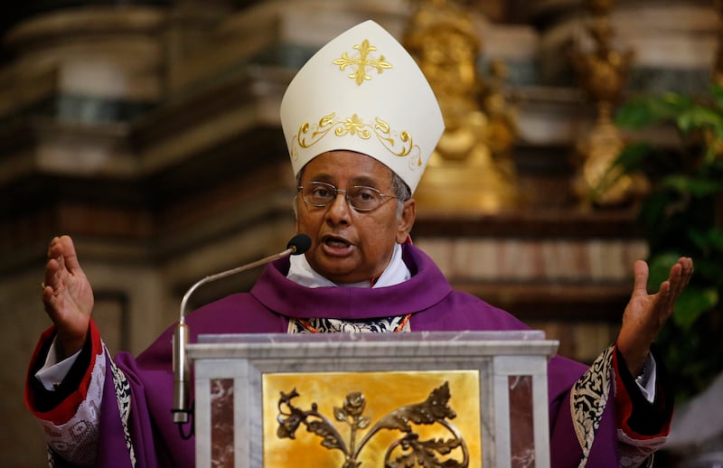 Sri Lanka's Cardinal Albert Malcolm Ranjith, Archbishop of Colombo, leads mass at the San Lorenzo In Lucino church in Rome March 10, 2013. Roman Catholic Cardinals prayed on Sunday for spiritual guidance ahead of a closed door conclave to choose a new pope to lead the Church at one of the most difficult periods in its history. REUTERS/Chris Helgren (ITALY  - Tags: RELIGION POLITICS)