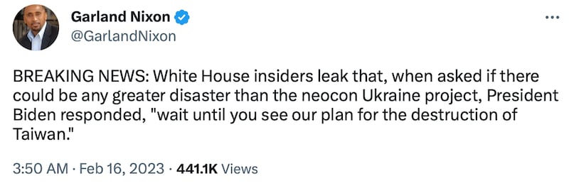 嘉兰尼克森推文声称白宫内线消息透露,拜登曾说出毁灭台湾计划。(尼克森推特页面截图)