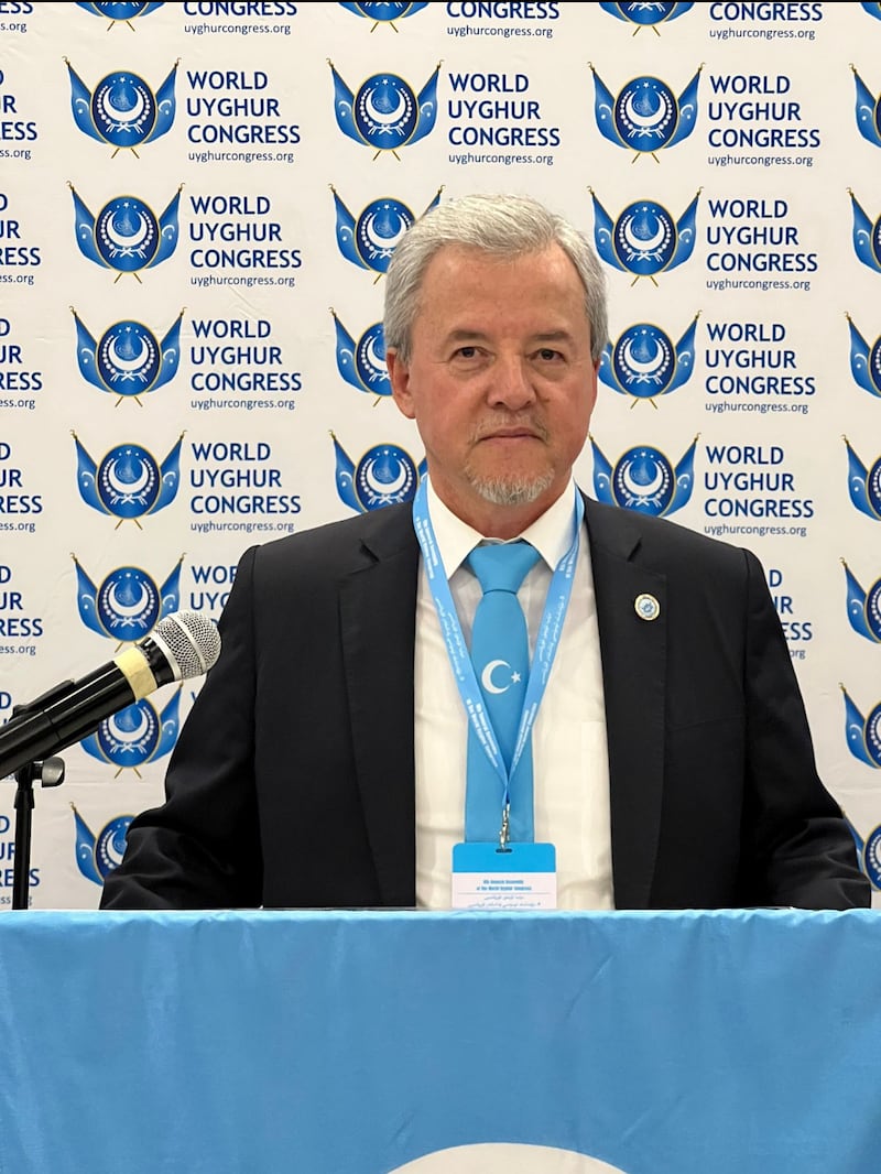 Turghunjan Alawudun addresses the World Uyghur Congress General Assembly after being elected president of the advocacy group in Sarajevo, Bosnia and Herzegovina, Oct. 26, 2024.
