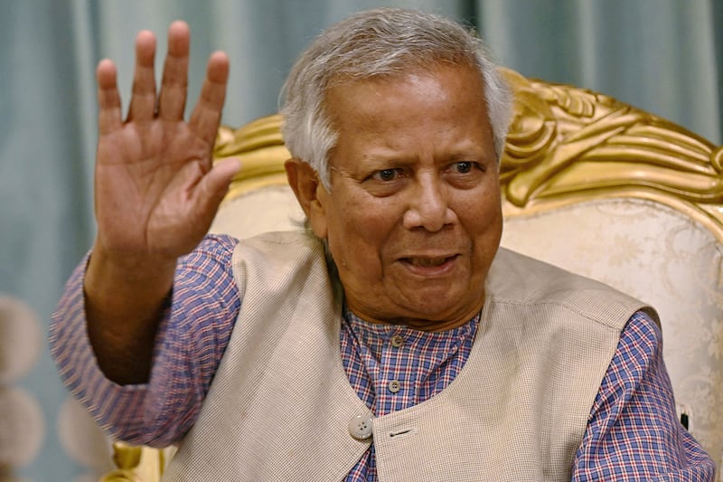 Muhammad Yunus, leader of Bangladesh's interim government, gestures at a meeting in Dhaka on Aug. 13, 2024.
