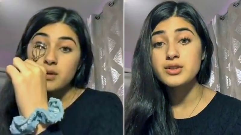 Feroza Aziz discusses the plight of the Uyghurs in China during a video tutorial on curling eyelashes on TikTok, Nov. 23, 2019.