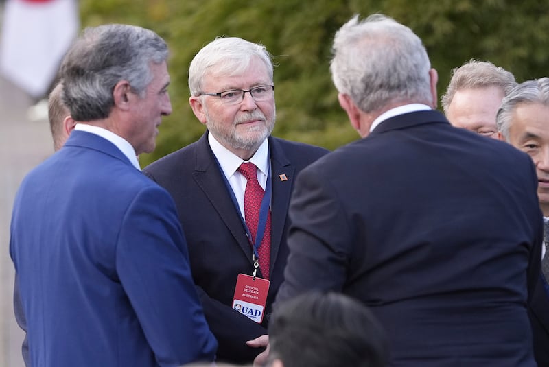 Former Australian Prime Minister Kevin Rudd speaks with participants on the sidelines of the Quad leaders summit in Claymont, Delaware, Sept. 21, 2024.