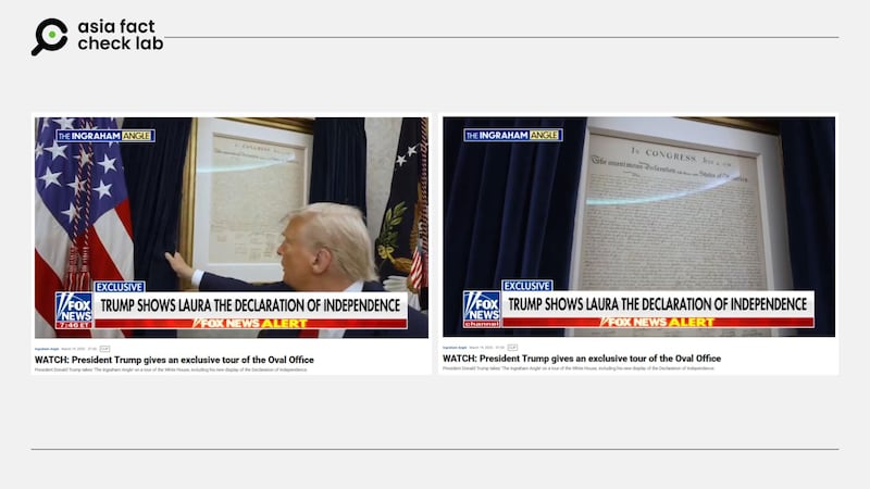 福克斯新闻的原始影片显示，美国总统特朗普展示挂在白宫墙上的是独立宣言。福克斯新闻截图